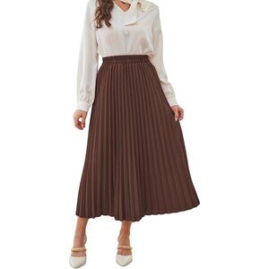 Women Coffee Brown Casual Solid Longline Pleated Long teacher outfits Maxi Skirt